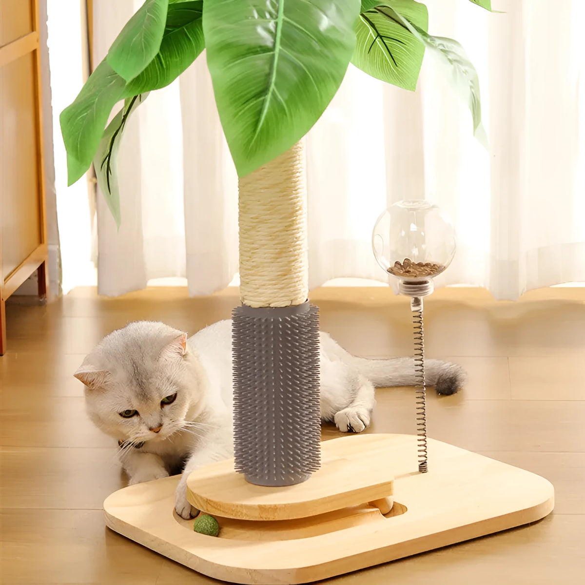 Wooden vertical cat scratching post with canna coloured grab column