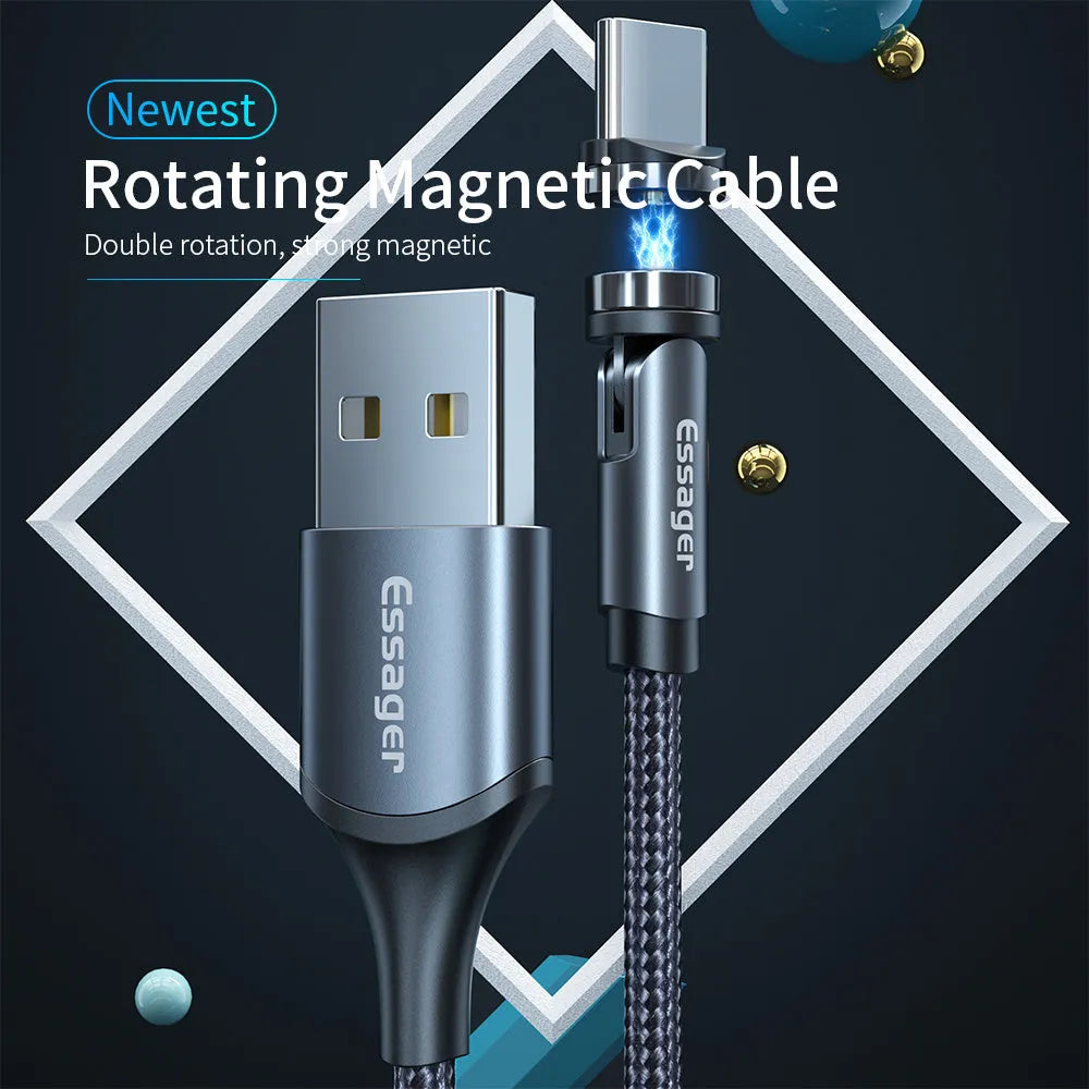 Black magnetic USB charging cable with rotating head and blue LED light on a 1m nylon braid.
