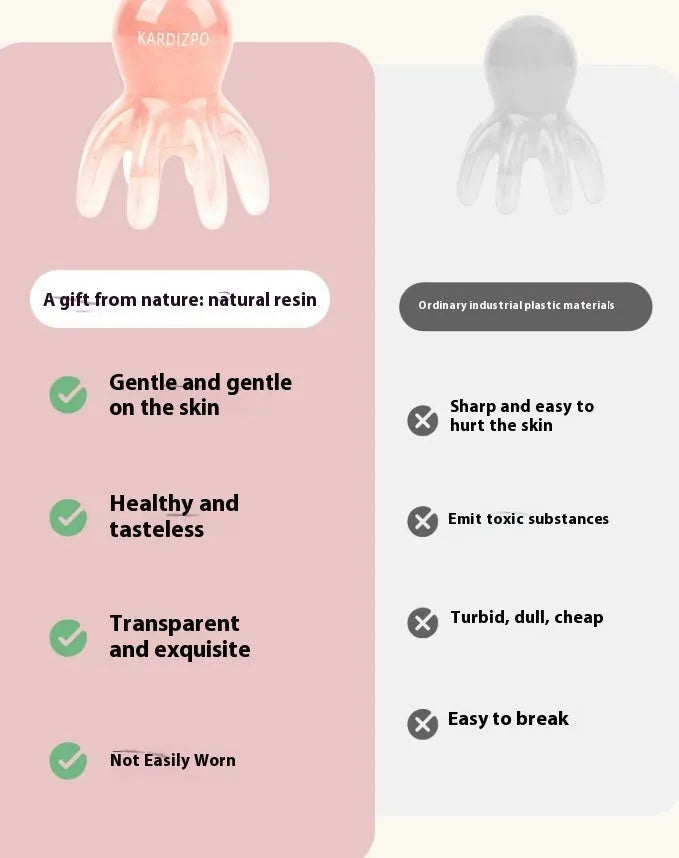 Pink octopus-shaped massage comb made from natural resin with included storage bag for facial meridian therapy