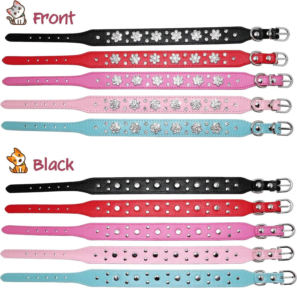 Black PU leather dog collar with diamond flower studs and a metal adjustable buckle.