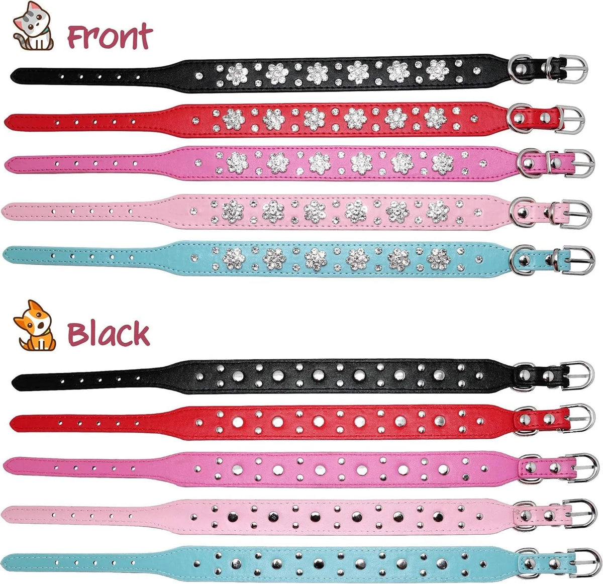 Black PU leather dog collar with diamond flower studs and a metal adjustable buckle.