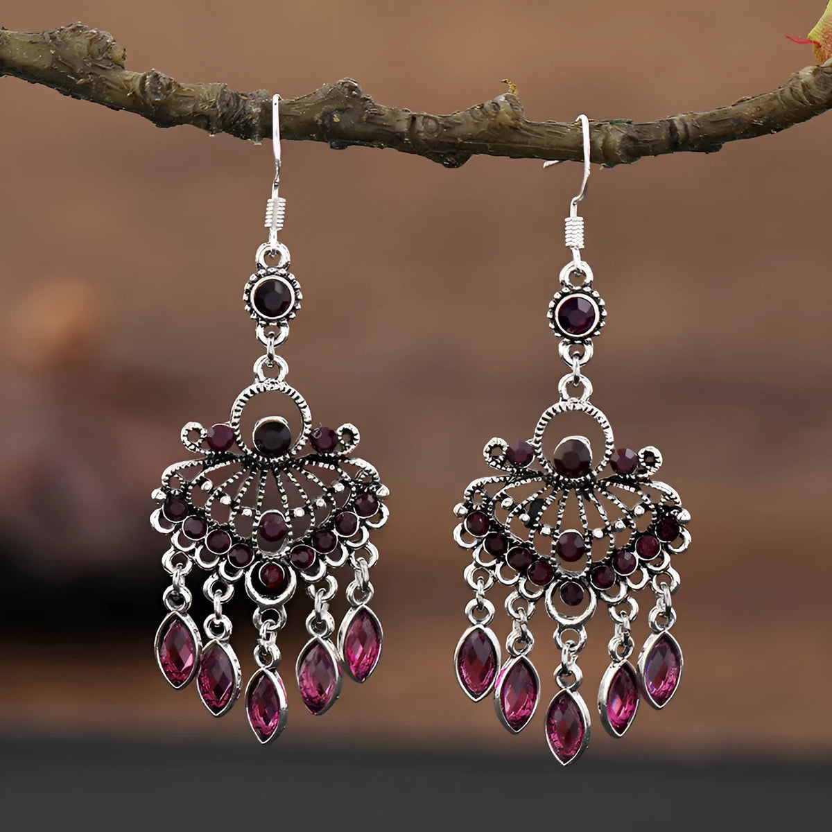 Smart Water Drop Purple retro alloy earrings with long fringe drop shape.