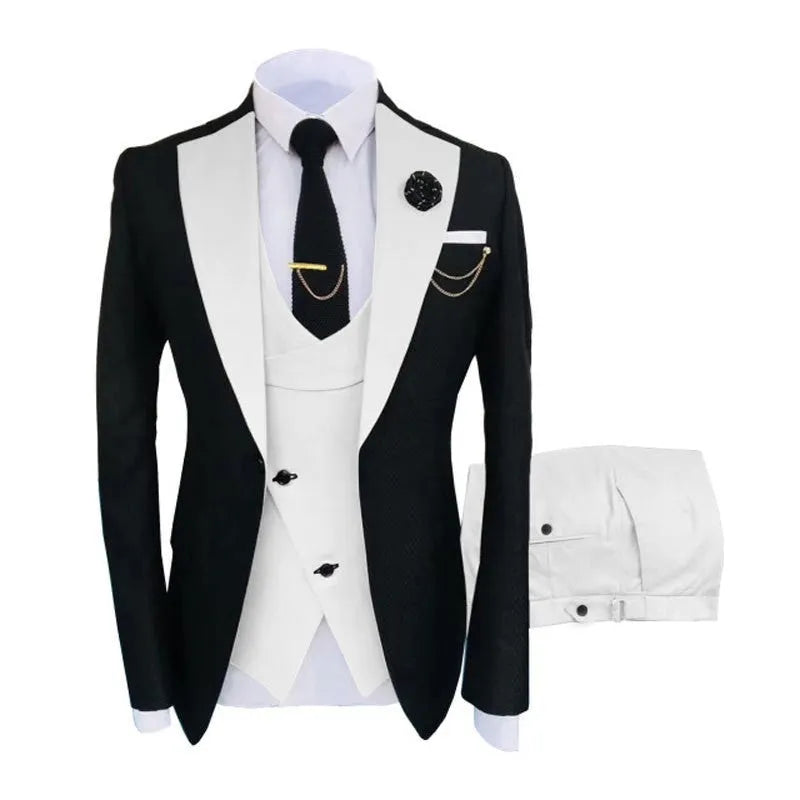 Men's slim fit cotton business suit in three pieces with vest for weddings
