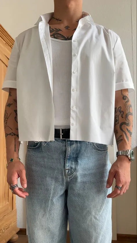Men's white polyester short sleeve cropped shirt on hanger