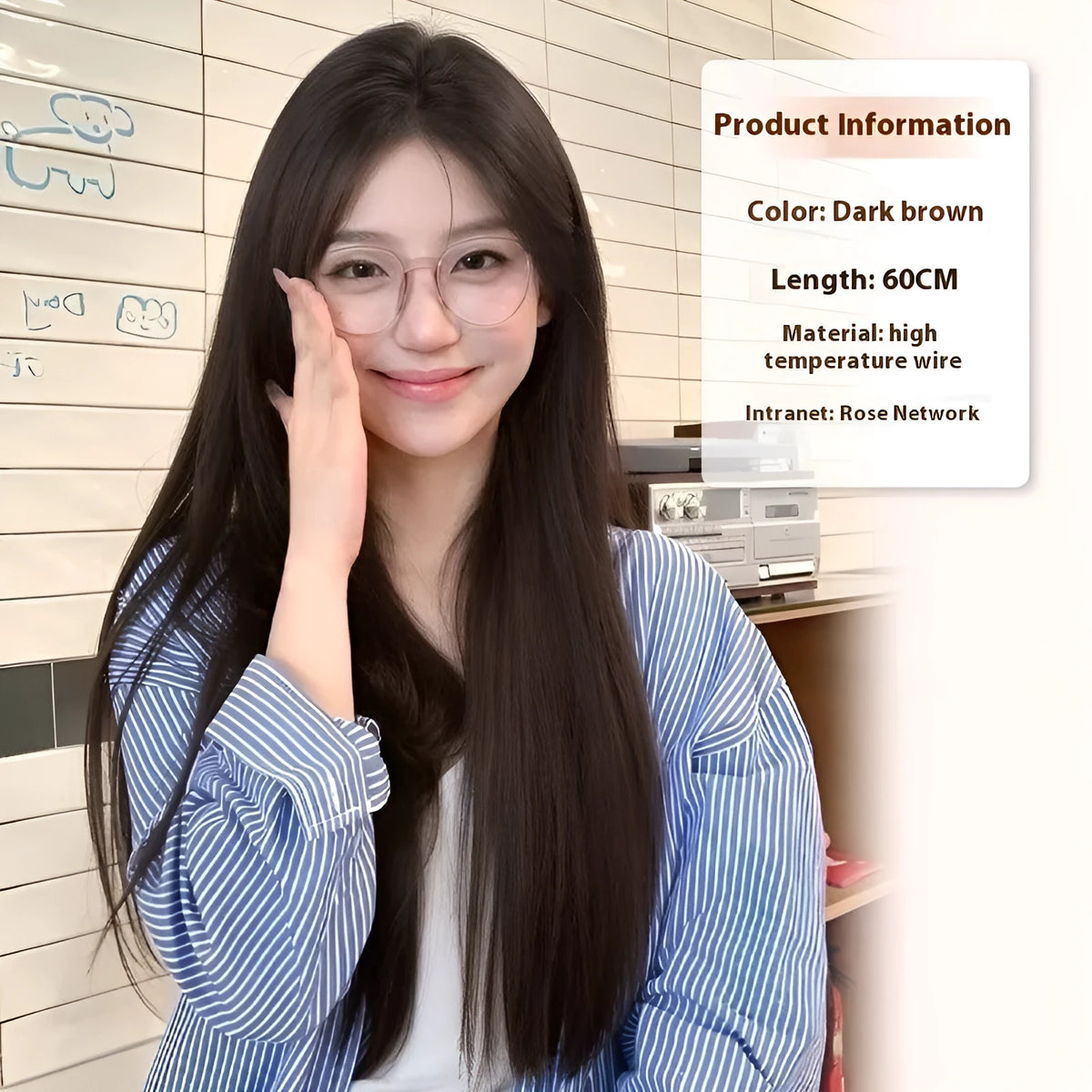 Forehead lace mid-length natural black straight wig with styling accessories on display
