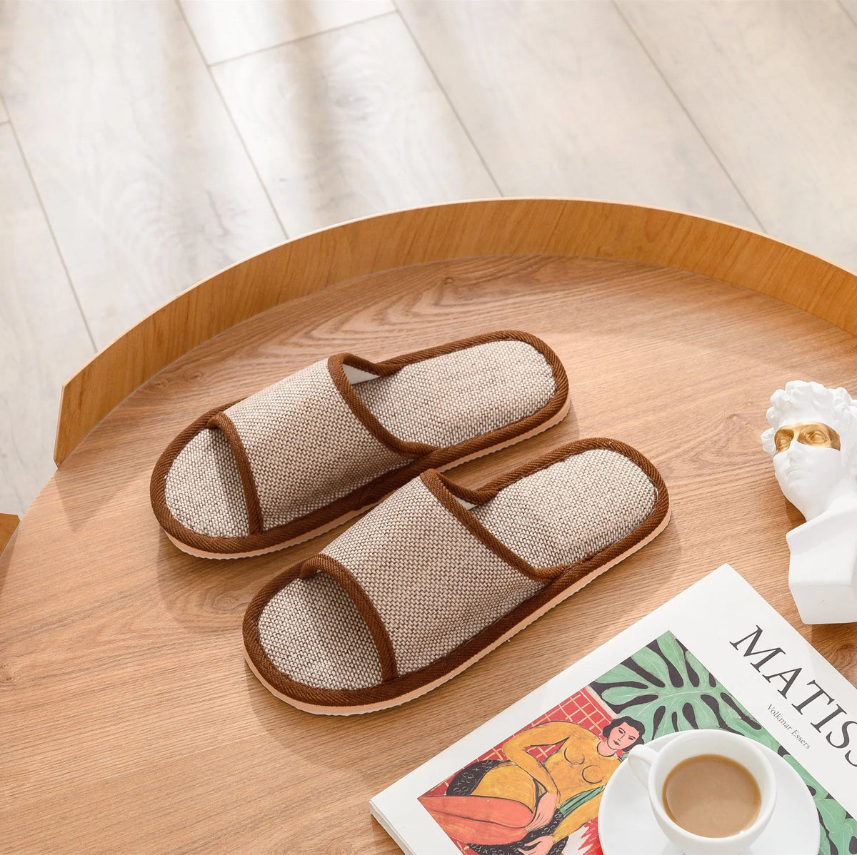 Women's open toe linen slippers with thickened sole, shown in a light brown colour variant
