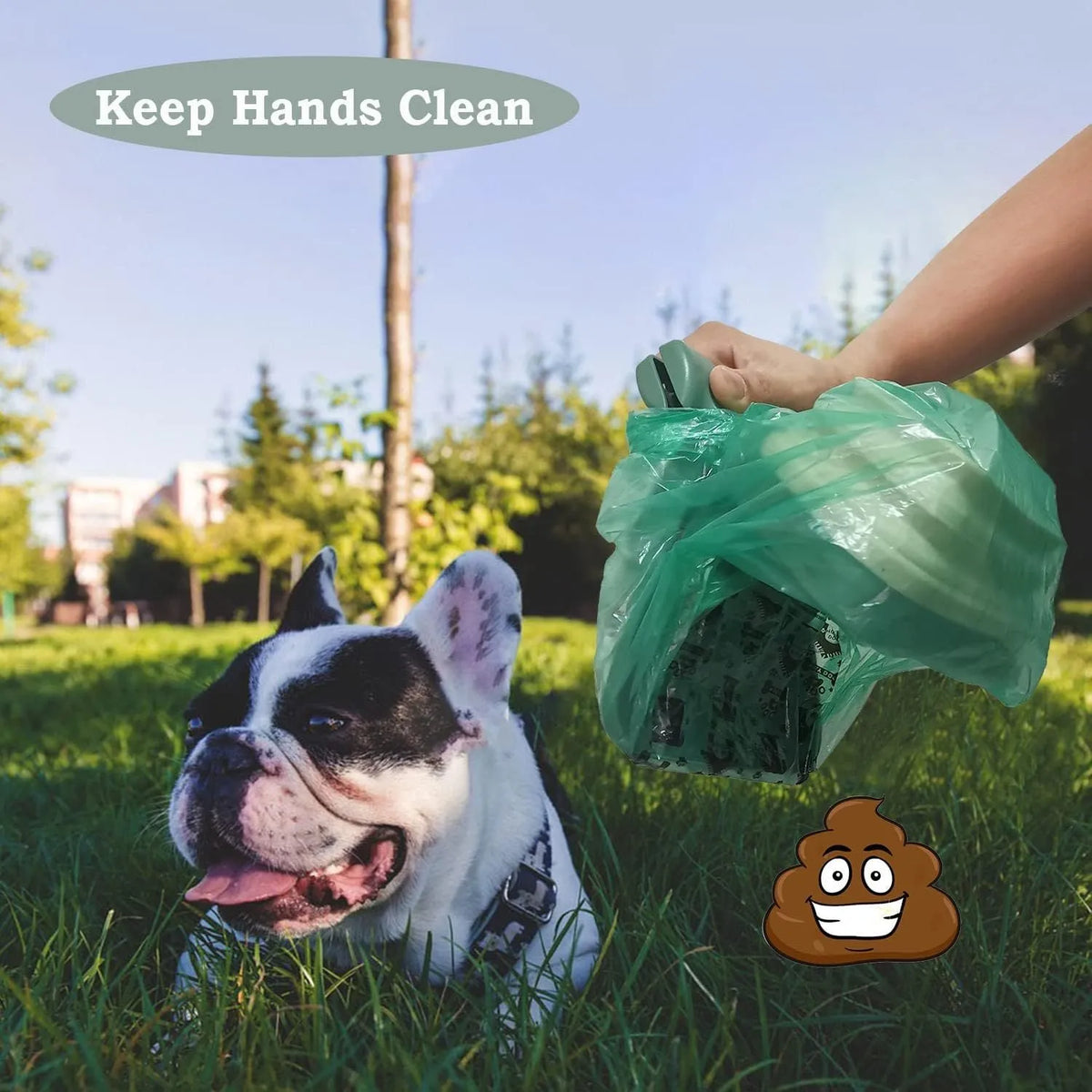 Blue handheld dog pooper scooper with clip, showing expanded waste container and integrated bag dispenser.