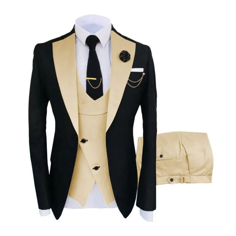 Men's slim fit cotton business suit in three pieces with vest for weddings