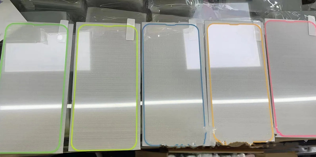 Luminous tempered glass screen protector for iPhone with glowing pink edge on a mobile phone.