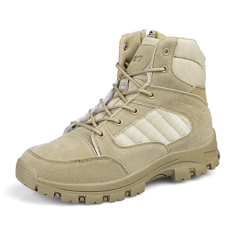 Men's black high-top hiking shoes with metal details on a waterproof artificial PU upper.
