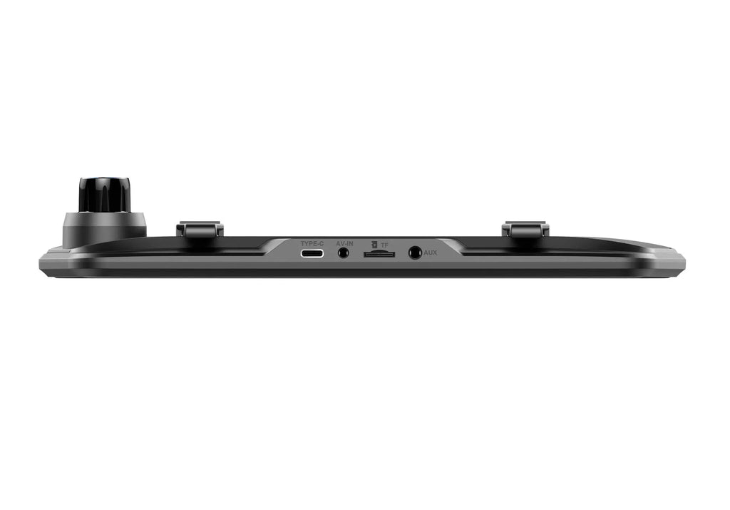Black dual-lens driving recorder with 9.66-inch touch screen mounted on a car rearview mirror.