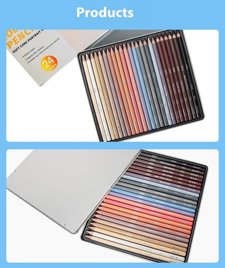 24 skin colour pencils in round iron box for portrait art with oil-based leads and HB hardness