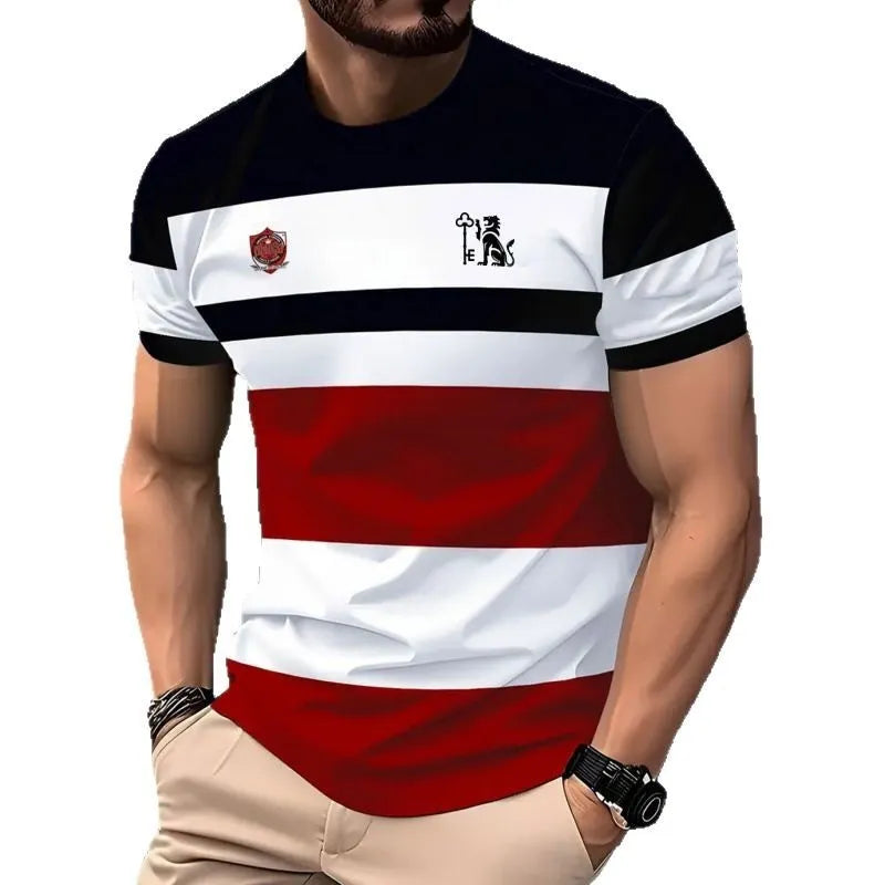 Men's loose fit short-sleeved T-shirt with 3D printed stripe patterns in business casual style