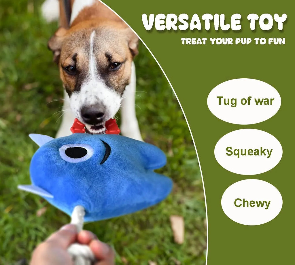 Blue and green monster-style dog toy with plush body and woven rope sections.