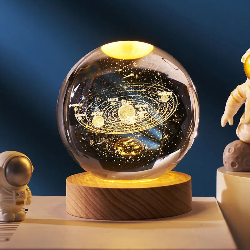 8cm white crystal ball night lamp with inner carving on a rechargeable luminous base
