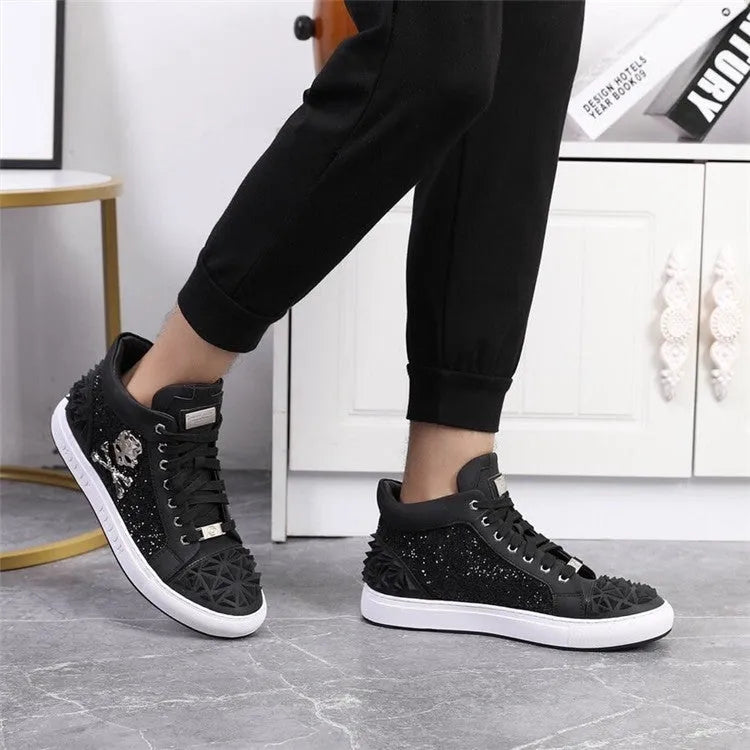 Men's black and red genuine leather high top skeleton shoes with lace-up closure.