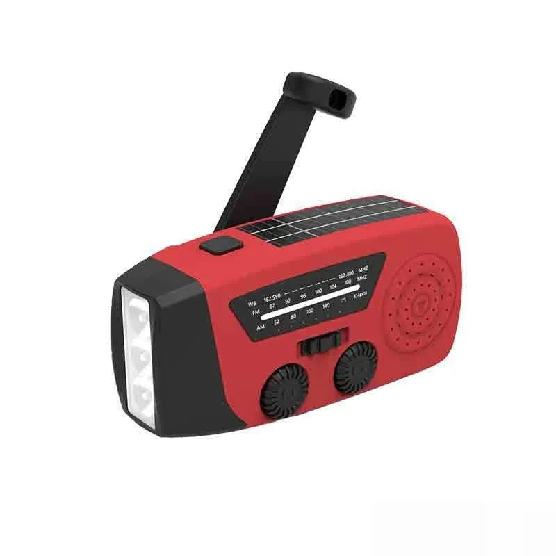 Red rechargeable hand radio emergency torch with wrist strap showing dimensions and Type-C charging port