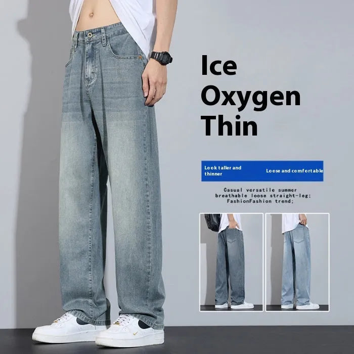 Straight leg casual trousers in thin ice silk denim with wide leg design