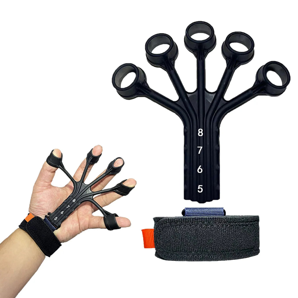 HLX black silicone finger flexion and extension rehabilitation trainer with puller and belt.