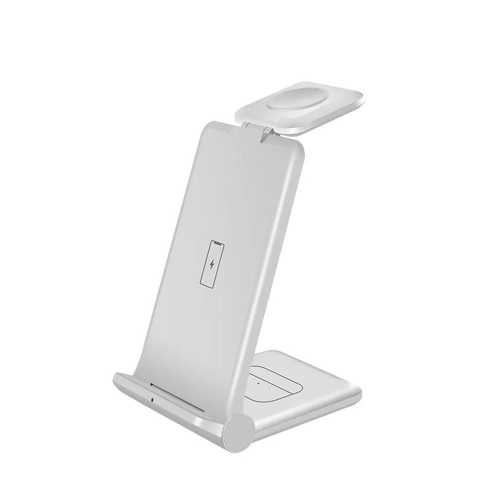Black and white 3-in-1 foldable wireless charging station for iPhone, Samsung phone, AirPods and Apple Watch.