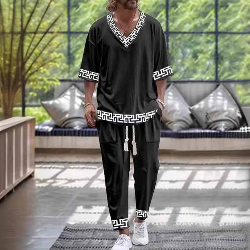 Cropped sleeve V-neck jacket and matching trousers formal business suit set