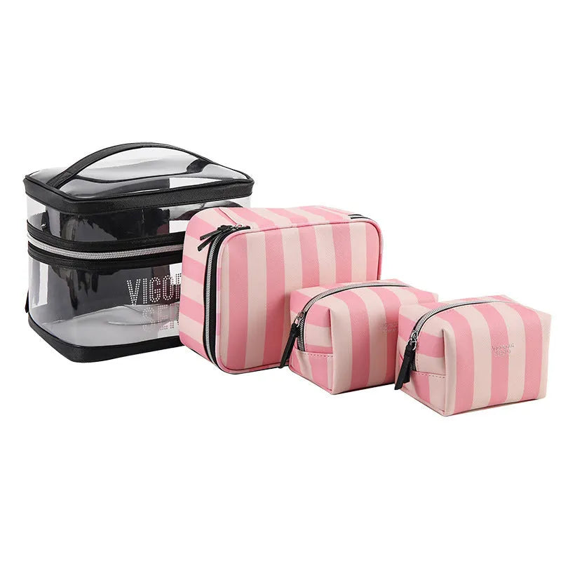 Pink bold stripe floral pattern waterproof makeup bag with folding buggy design
