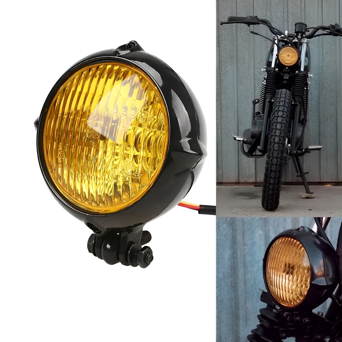 Harley-style motorcycle headlight in black cast aluminium with a circular glass lens.