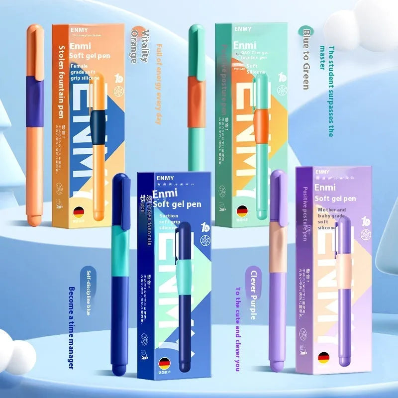 Posture correction pen with triangular grip design in blue, green, purple, and orange colour options
