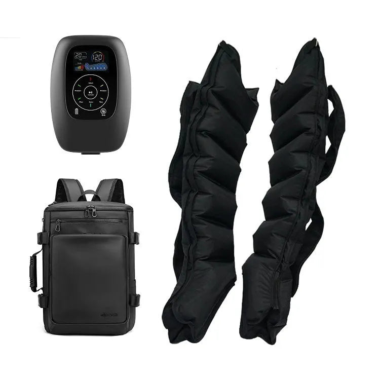 Air compression leg, arm, and waist massager set with handheld remote control on a table.