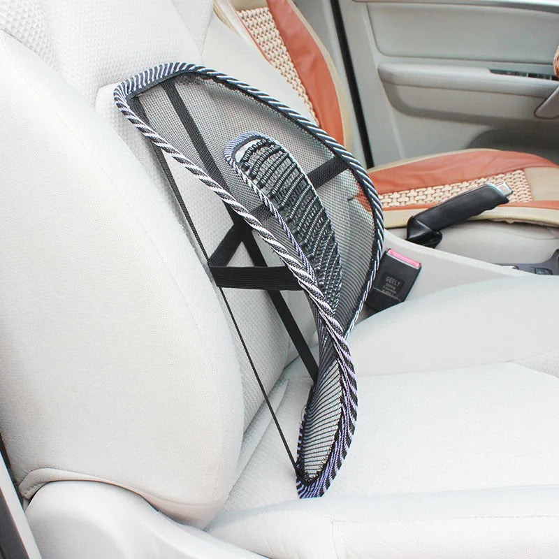 Black leather car lumbar support pillow showing steel frame structure and 41x39 cm dimensions