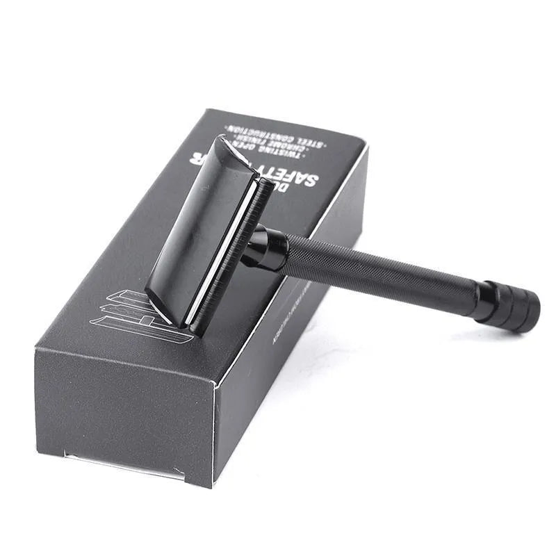Old-fashioned manual metal shaver and brush set for traditional wet shaving, shown in black and silver options.