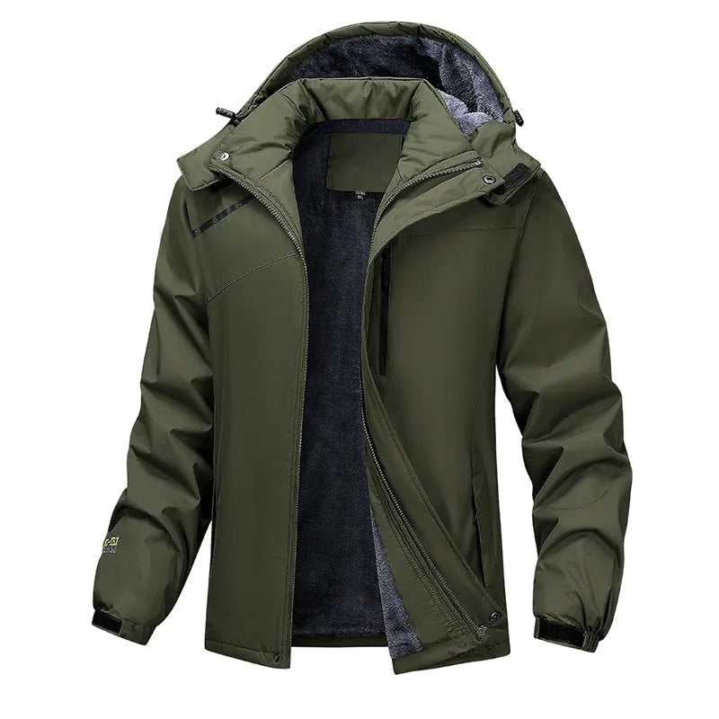 Men's plus size waterproof hooded coat in loose fit, shown in army green colour
