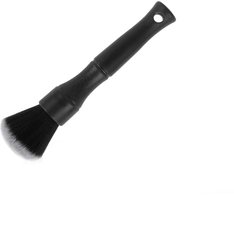 Black car detailing brush with super soft pig hair bristles shown in two size options for interior cleaning