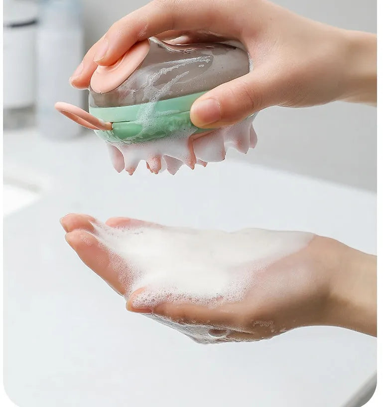 2 in 1 pet bathing brush with shampoo dispenser, food-grade silicone head, blue or green, 85g