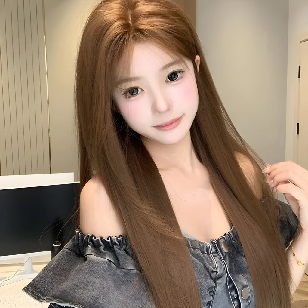 Warm brown lace front wig with long straight hair and centre-parted bangs.