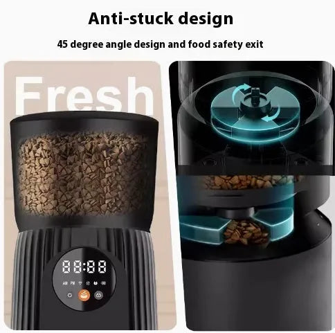 Black automatic pet feeder with digital display and food container showing portion control mechanism