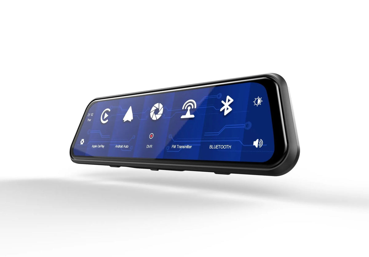 Black dual-lens driving recorder with 9.66-inch touch screen mounted on a car rearview mirror.