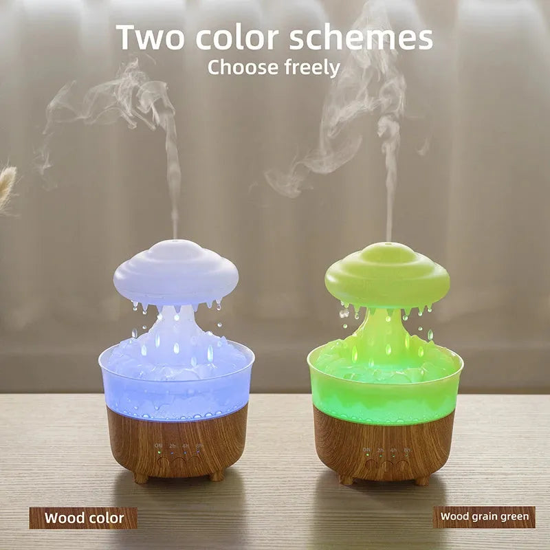 Wood grain white rain cloud shaped humidifier and essential oil diffuser with multi-colour LED night light.