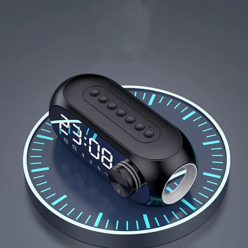 S8 series portable mini clock speaker in black, white, or blue colour with digital display and USB cable.