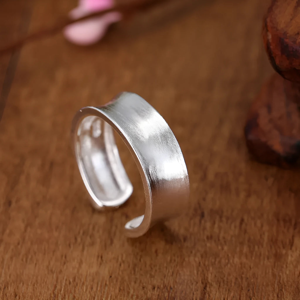 Korean frosted sterling silver open ring with geometric shape and adjustable opening