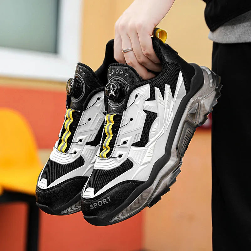 Men's black rotating button casual shoes with mesh upper and platform sole.