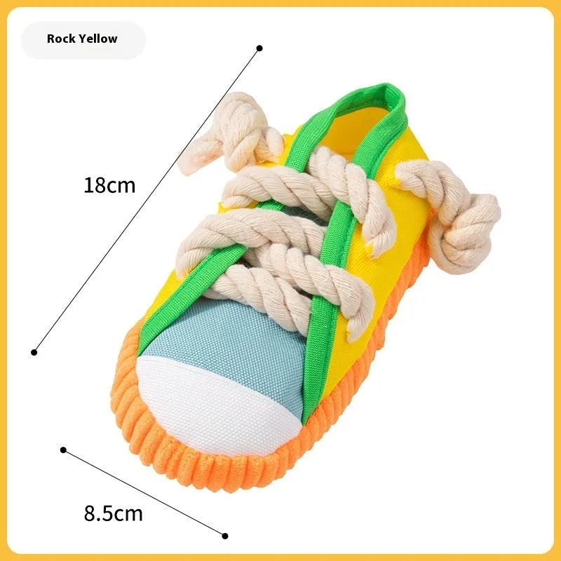 Plastic sound slippers dog chew toy in yellow with flexible bendable design