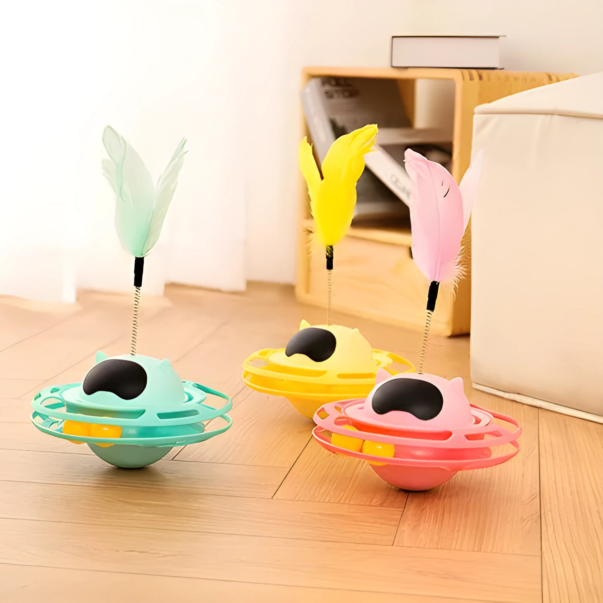 Pink cat tumbler turntable toy with rotating stick on 17 cm diameter platform