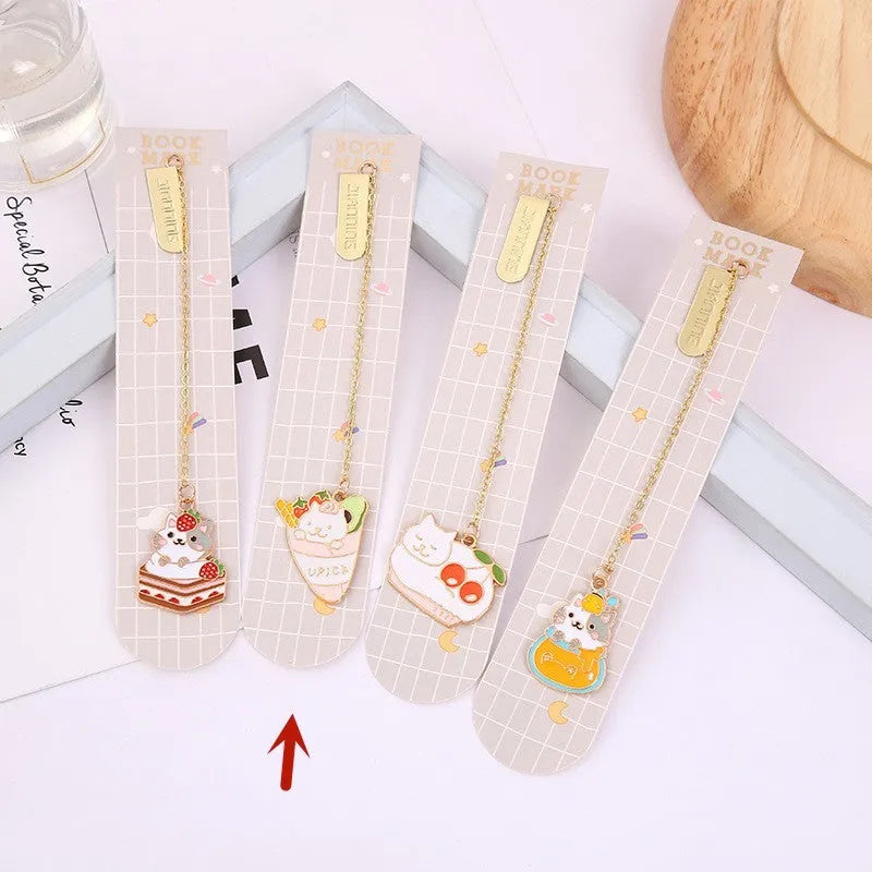 Jane Lime cat metal bookmark with cartoon pendant in four colour designs measuring 3.8cm by 18.3cm