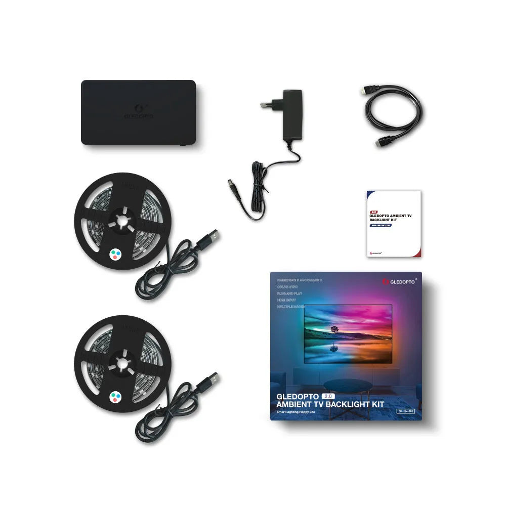 HDMI sync RGB LED light strip and compact junction box for PC and television backlighting.