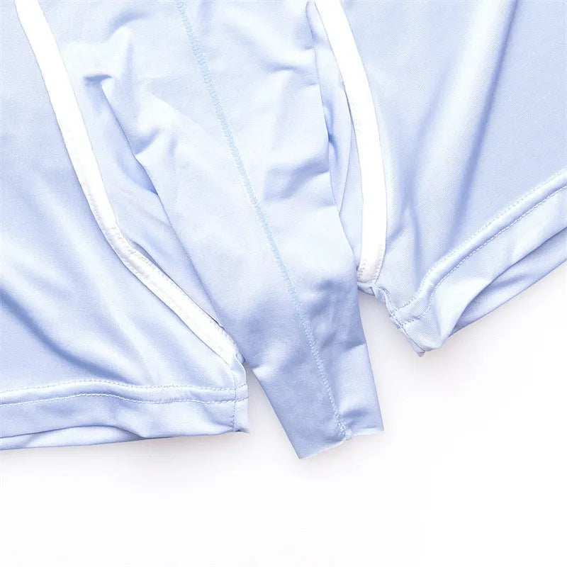 Men's grey ice silk boxer briefs laid flat, showing mid-waist design and solid colour.