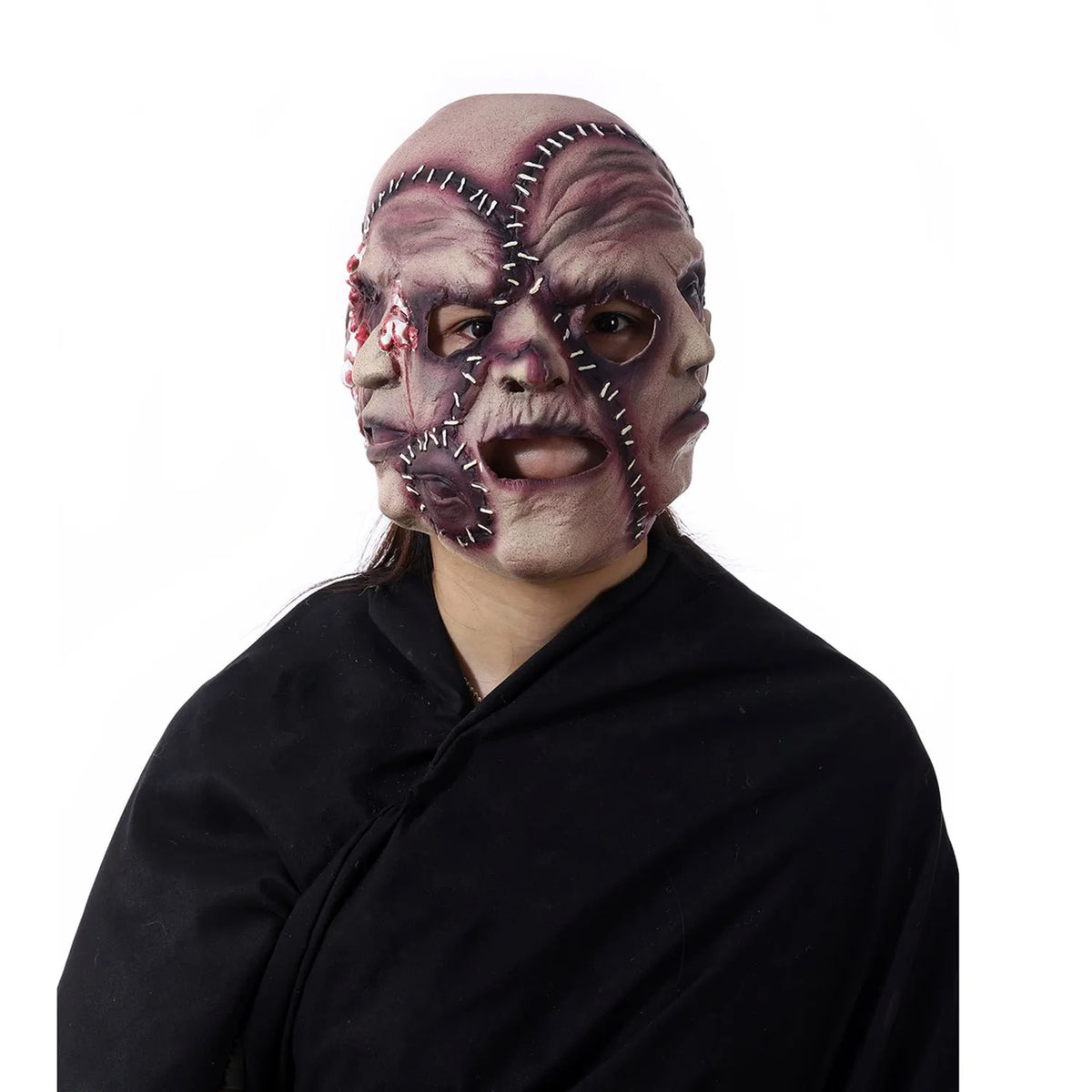 Latex three-sided Grimace horror Halloween mask for adults on a black background.