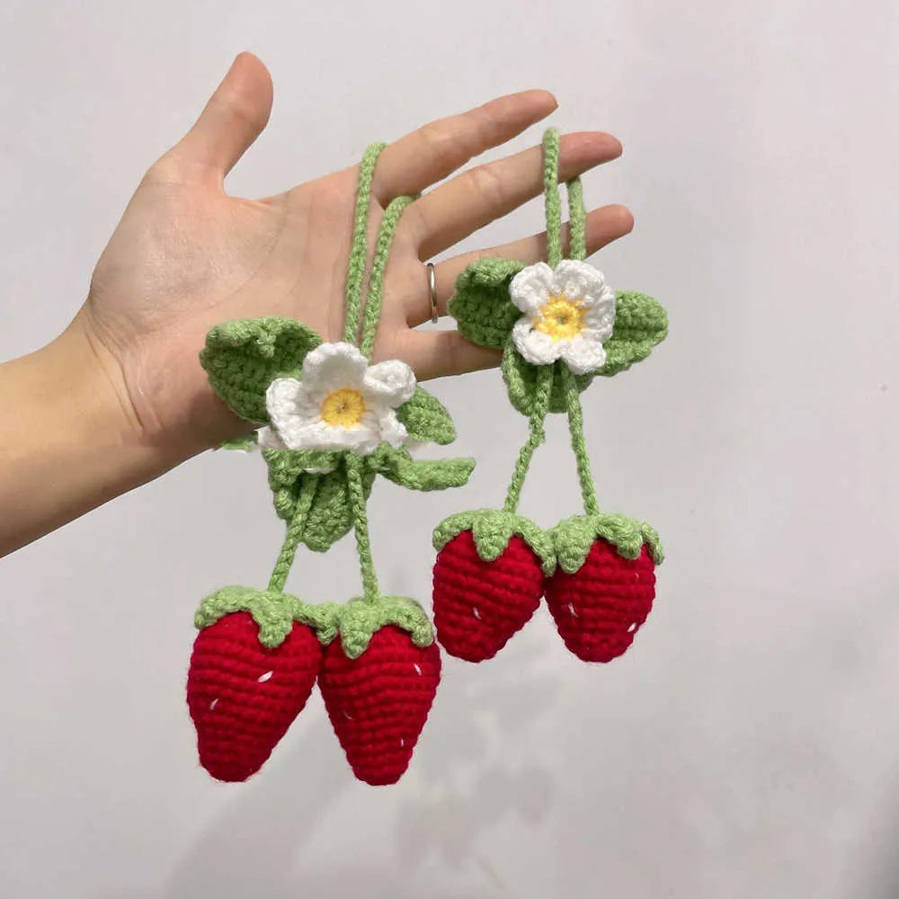 Handmade strawberry car pendant woven from cotton and hemp materials