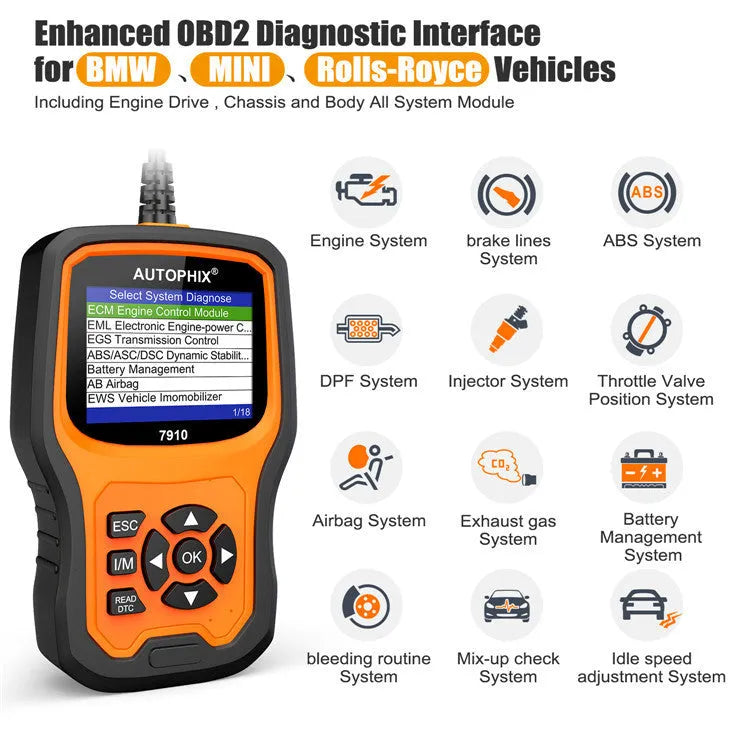 Autophix 7910 BMW diagnostic tool with display showing fault codes and connection cable