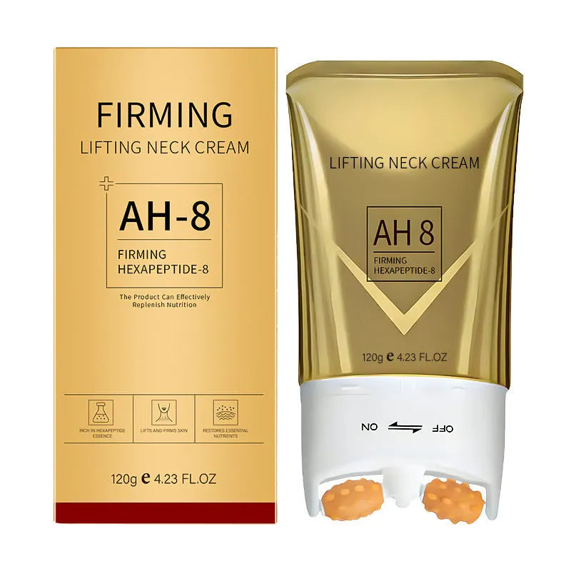 Roller neck cream tube with built-in massage applicator for neck moisturising and firming treatment